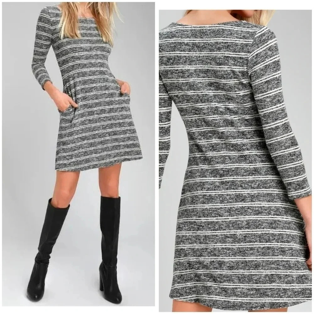 Lulus Casual QT Grey Striped Swing Dress with Pockets, Cozy Stretchy Knit, EUC!